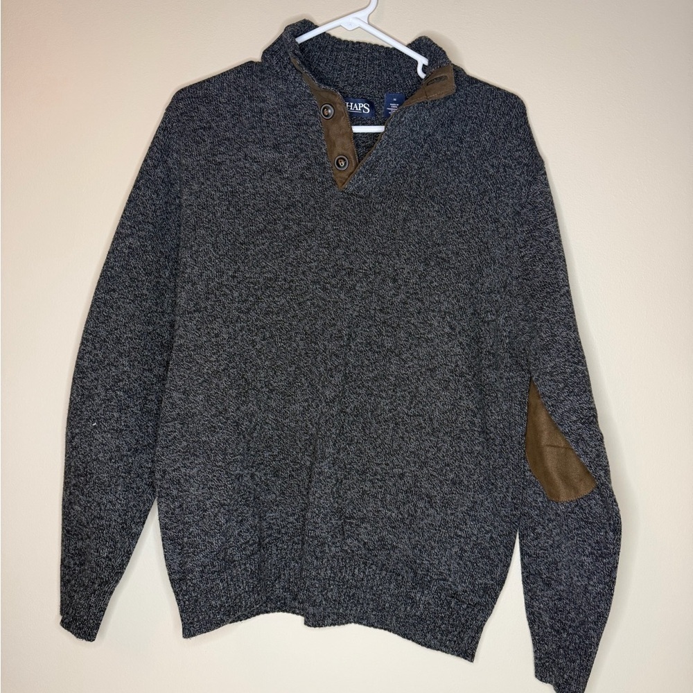 Chaps Charcoal Zip-Up Sweater with Tan Details